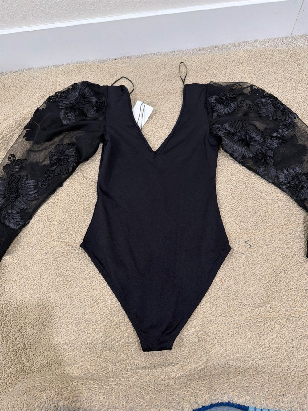 Zara Black Sheer Floral-Sleeve V-Neck Bodysuit